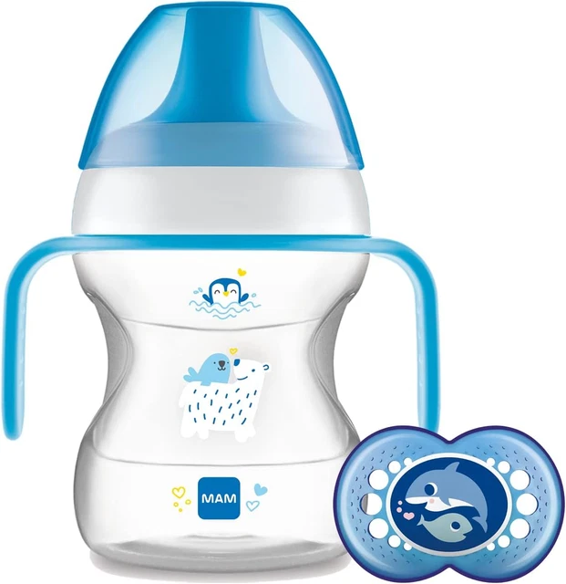 MAM Learn to Drink taza, manijas de biberón y chupete, taza de bebé de más de 6 meses con bebé
