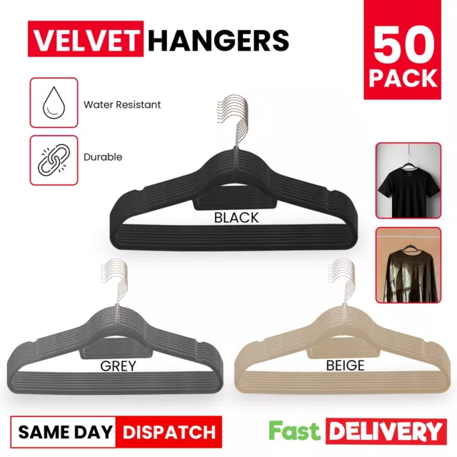 50 Non slip Flocked Coat Clothes Velvet Hangers Trouser Hanging Space Saving