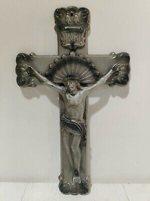 Vintage Large Art Deco Silver Tone Steel or Cast Iron Heavy Jesus Crucifix