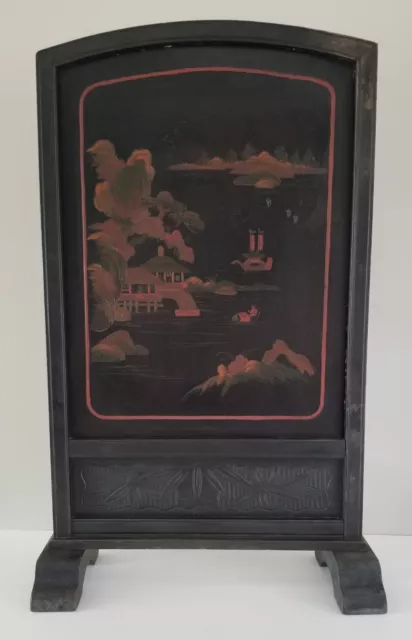 Antique Hand Painted Carved Wood Panel Water Scene Asian Fireplace Screen Shield