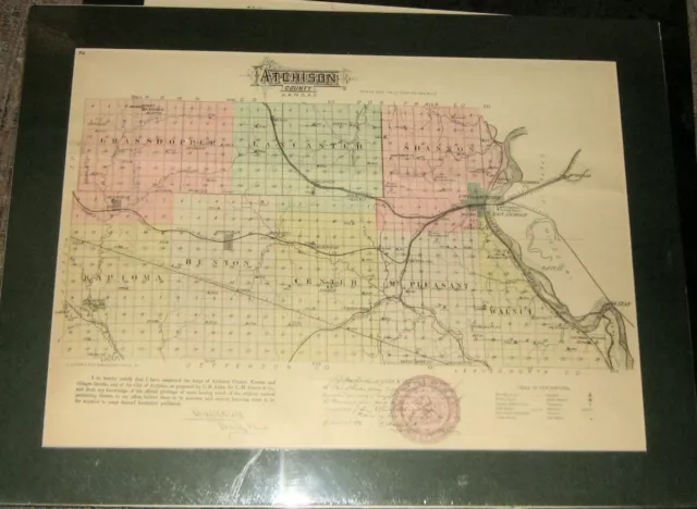 Vintage 1886 Kansas Plat Map,Atchison County,L.H.Everts,Townships,Railroads