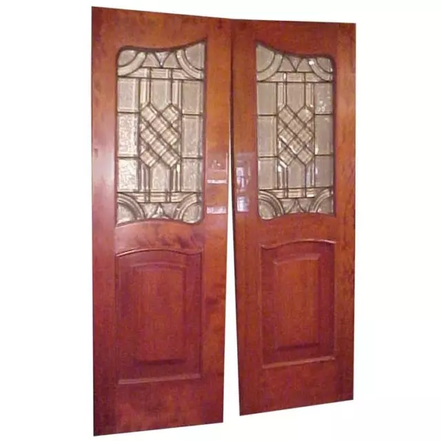 19th Century, Pair of Antique Leaded Glass Inset in Mahogany Raised Panel Doors