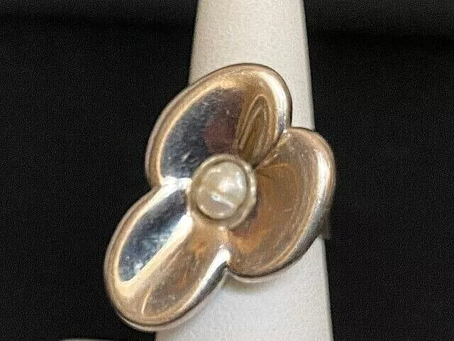 Han Italy 925 Sterling Silver Floral Ring With Baroque Pearl - Size 6.5
