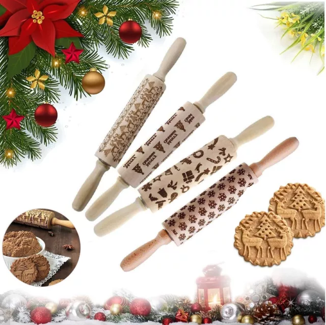 Christmas Rolling Pin Engraved Carved Wood Embossed Rolling Pin Kitchen Tool AU