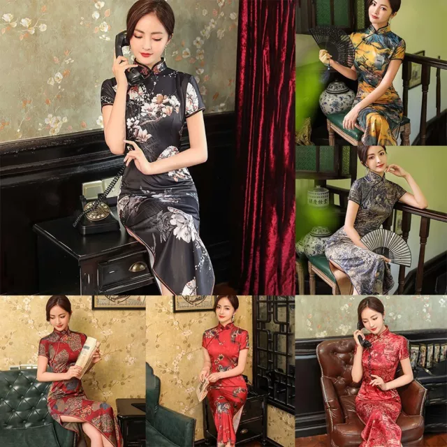 Floral Print Satin Chinese Cheongsam Qipao Elegant Long Dress for Women