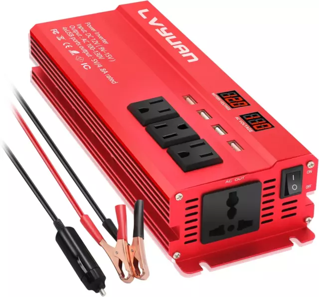 Cantonape 1000W/2000W(Surge) Car Power Inverter DC 12V to 110V AC with 4 Outlets