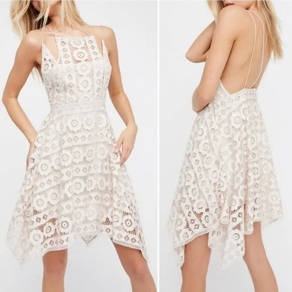 Free People sz 12 Just Like Honey Lace Asymmetric CutOut Dress Ivory