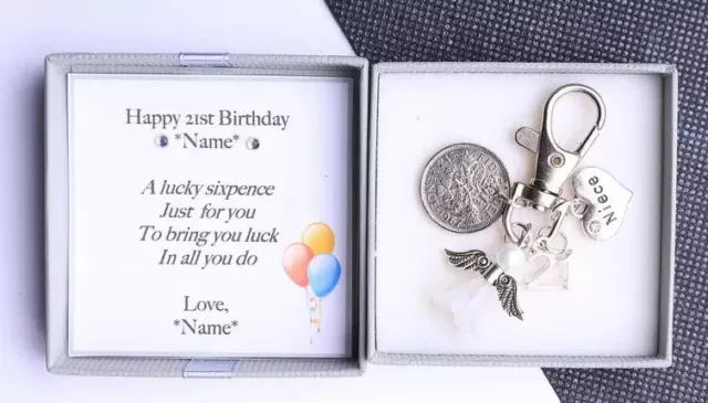 Personalised 21st Birthday Gift Lucky Sixpence Charm Novelty Keyring - Gift