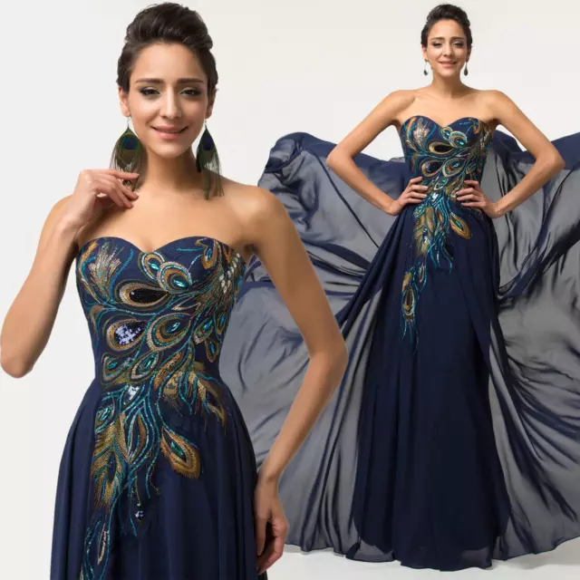 Women's Embroidered Peacock Dress Masquerade Party Evening Prom Bridesmaid Gowns