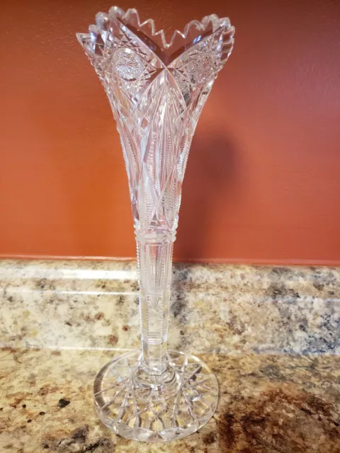 Antique American Brilliant Period Cut Glass Crystal Trumpet Bud Vase 10.24" ABP