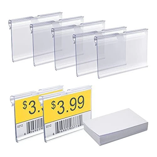 70 PCS Clear Plastic Label Holders + 100 Pack Blank Label Paper, Wire Shelf