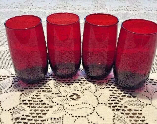 Set Of Four Vintage Anchor Hocking Roly Poly Ruby Red 12oz  Tumblers (5” Tall)