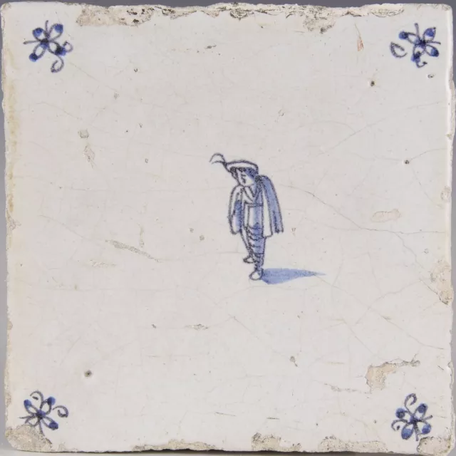 Nice Dutch Delft Blue tile, noble man, late 17th century, circa 1680.