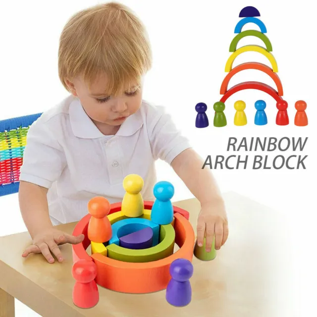 Wooden Rainbow Building Stacking Blocks Baby Toddler Educational Montessori Toy 2