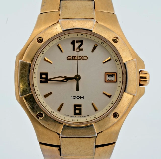 Montre Vintage Seiko Quartz Pour Homme - Modèle 7N42 8A39 - Or Véritable - État Correct