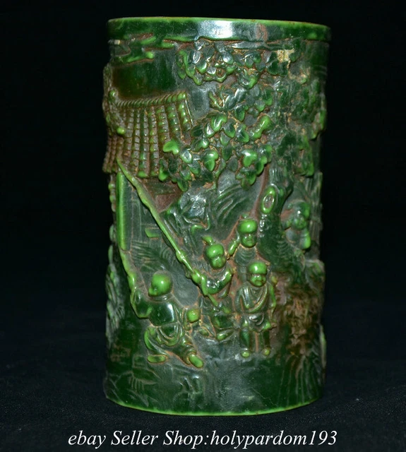 5.2" Old Chinese Green Jade Carved Tree Figure Brush Pot pencil vase Statue