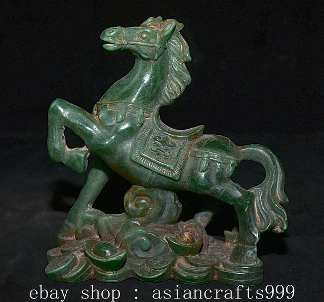 6.6" Ancient China Green Jade Carved Fengshui 12 Zodiac Year Horse Ingots Statue