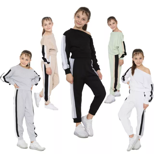 Girls Off Shoulder Jogger T-shirt Tops 2Pcs Kids Loungewear Pants Tracksuit Set