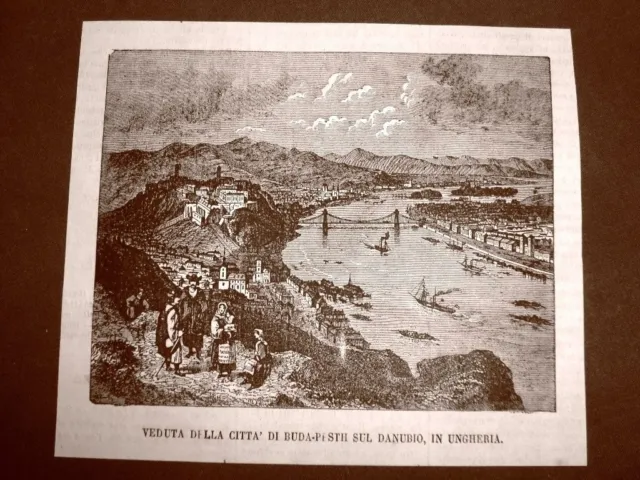 Rarissima veduta di Budapest del 1866 Città sul Danubio Capitale dell'Ungheria