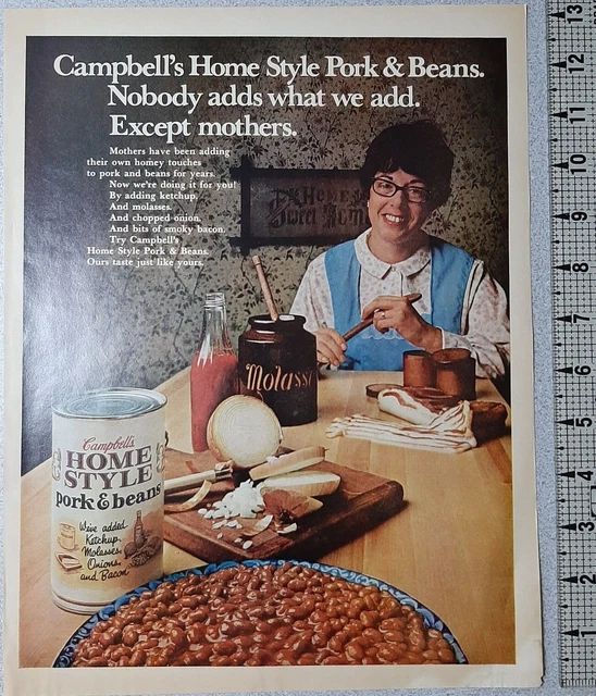 1970 Campbell's Vintage Print Ad Homestyle Pork Beans Mother Kitchen Table Bacon