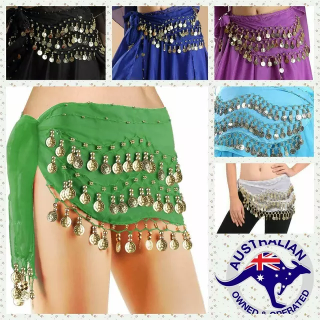 3 Rows Indian BELLY Dance Hip Scarf Wrap Belt Chiffon Tribal Skirt 128 coins