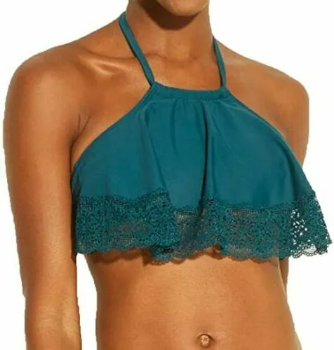 Xhilaration Junior's Bikini Top Teal Green Lace Trim Flounce L NWT Free Ship