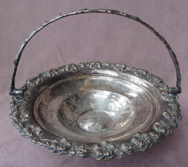 Antique Silver Plate on Copper 10” Swing Handle Centerpiece Bowl Floral Motif