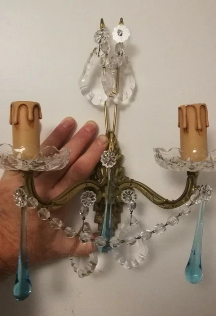 Applique Murale Vintage Bronze, Pampilles et 3 Gouttes Murano Bleu