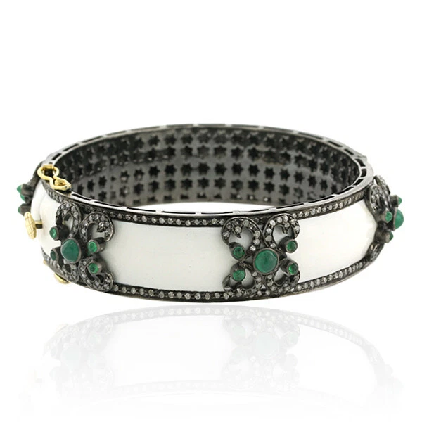 Natural Rosecut Diamond Emerald 925 Sterling Silver Wedding Enamel Bangle