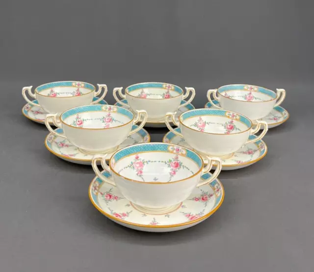 6 Antique Minton PERSIAN ROSE (Older) B838 Flat Bouillon Cup & Saucer Sets