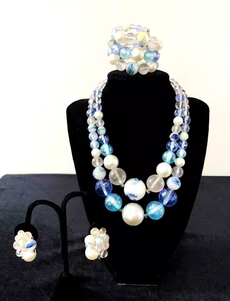 VTG Signed KARU ARKE BLUE+ MOONGLOW Lucite Bead Necklace Bracelet Earrings Set