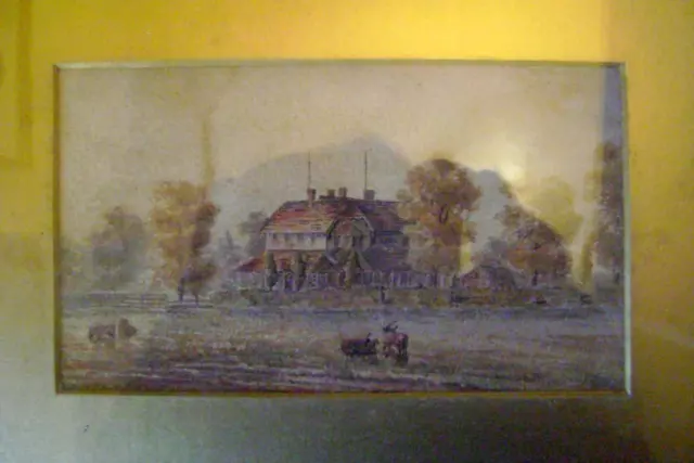 Fine Small C.19th Watercolour: House in a Landscape with Goats: USA? Ipswich? 2