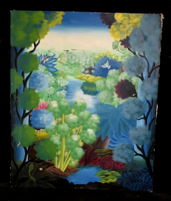Tableau huile sur toile paysage luxuriant école Haïtienne XXème