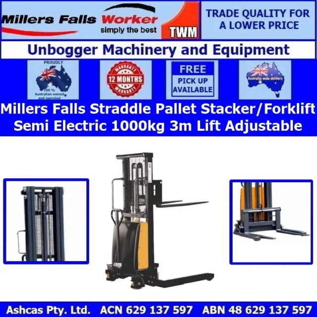 Millers Falls 1000kg Forklift Pallet Straddle Stacker Semi Electric 3m Lift