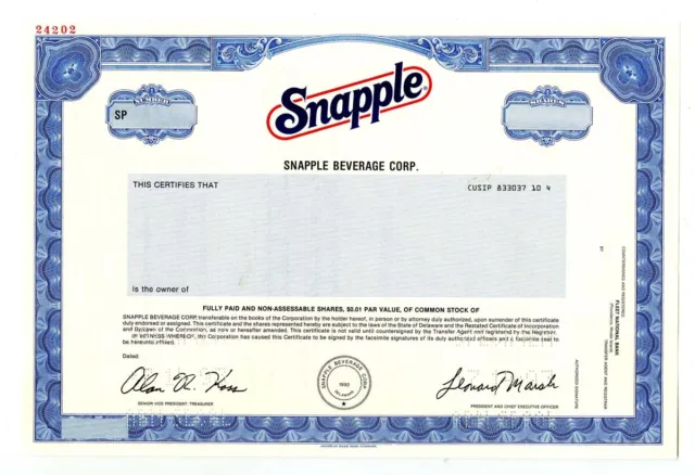 Snapple Beverage Corp., 1993 Odd Shares Specimen Stock Certificate, VF ABNC