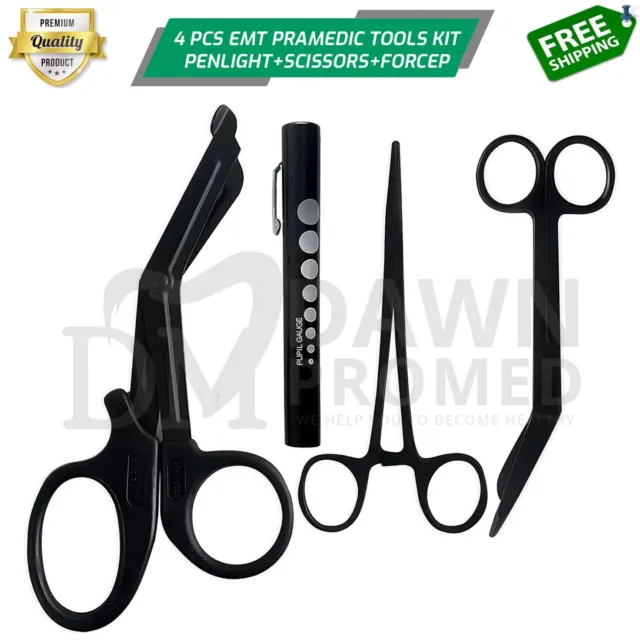 4 Black EMT/ Paramedic Tools Kit Bandage Scissors Shears Penlight Gauge Hemostat