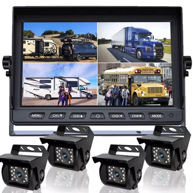 10.1'' Quad Monitor Split Screen Rear Side View Backup CCD Camera System Truck