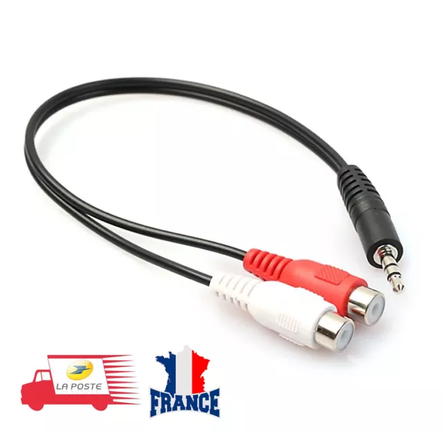 Câble adaptateur Audio jack 3,5 mm Stéréo mâle vers 2x RCA Femelles noir 30cm