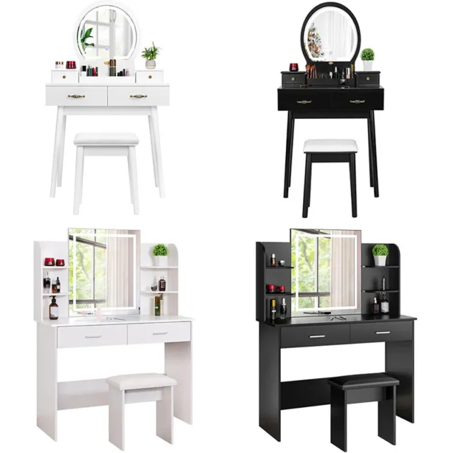 Vanity Table Set Makeup Dressing Table w/ 3-Color Lighted Mirror Cushioned Stool