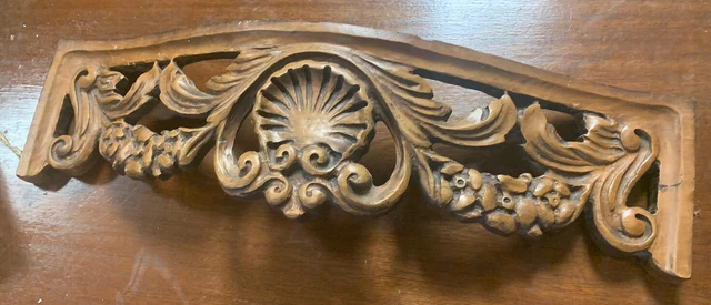 Antique French Wood Hand Carved Shell Flowers Pediment Salvage 20.5” L