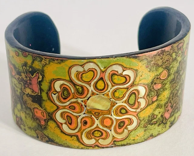 Bracelet jonc vintage motif floral en bois - 66 mm - Doré - Bleu - Noir x1 - Perles & Co