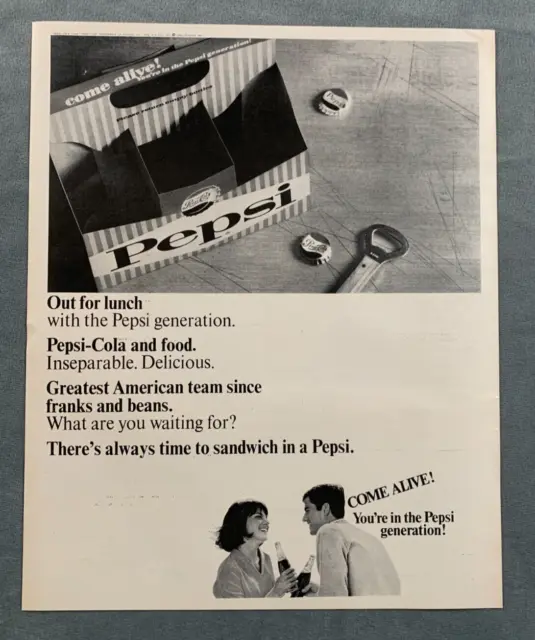 Pepsi Cola- 1966 vintage print ad - The Pepsi generation COME ALIVE empty carton