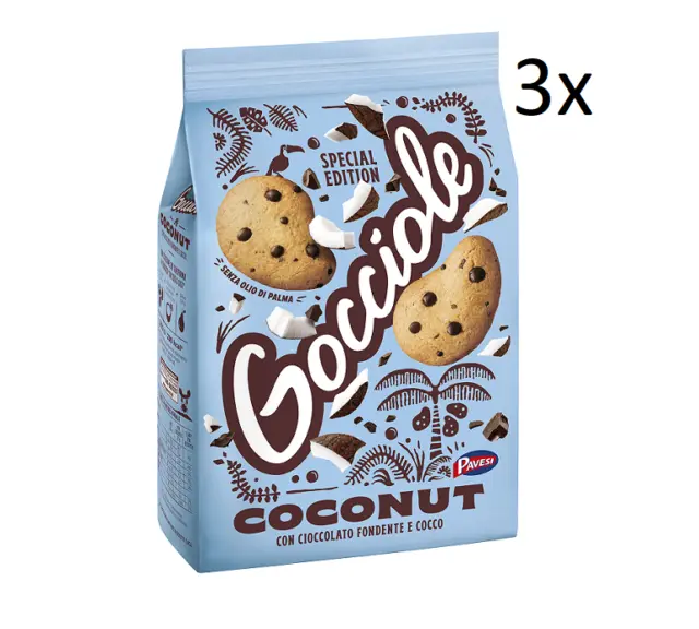 3x Pavesi Gocciole Coconut Kekse mit dunkler Schokolade und Kokosnuss 320g
