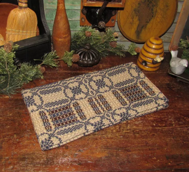 Prim Antique Vtg Style Tan Navy Chocolate Cotton Woven COVERLET RUNNER RQ30TNCSR