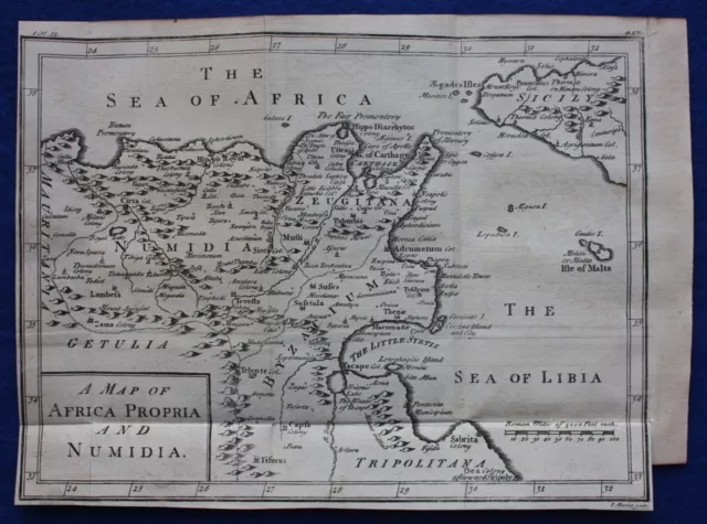 Original antique map AFRICA PROPRIA & NUMIDIA, CARTHAGE, SICILY, Basire 1747