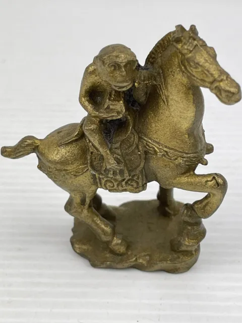 Old Chinese Copper Brass Dynasty Monkey Ride Horse Auspicious Statue -Height 6cm