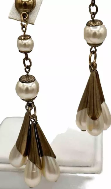 Vintage Gold Brass Tone Dangling Teardrop Faux Pearl Post Earrings