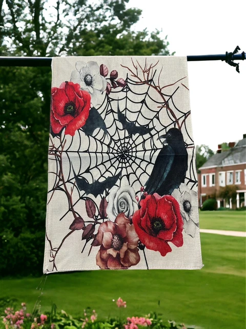Garden Flag Decor Burlap Black Crow Flowers Web 18 1/4”x 12 1/2” Double Sided