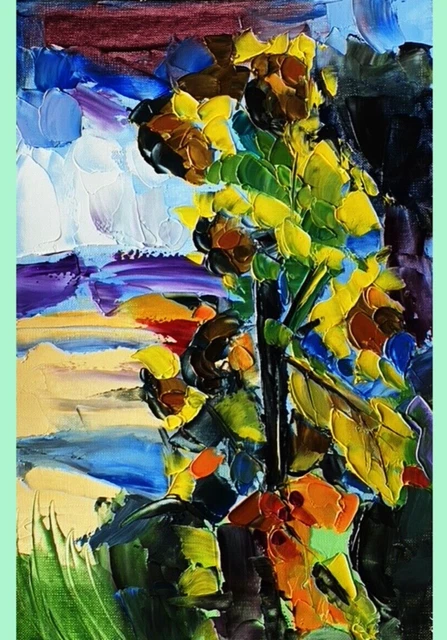 Pintura al óleo Floral Arte original Pintura de flores Girasol Textura...