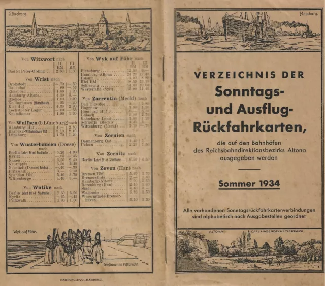 RBD Altona Verzeichnis Sonntags- u. Ausflug-Rückfahrkarten Sommer 1934 ...